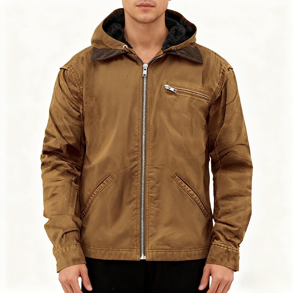 Front view of men's brown hooded canvas utility jacket' and 'Detailed back view of the Kouvr Fashion winter workwear jacket with articulated seams
