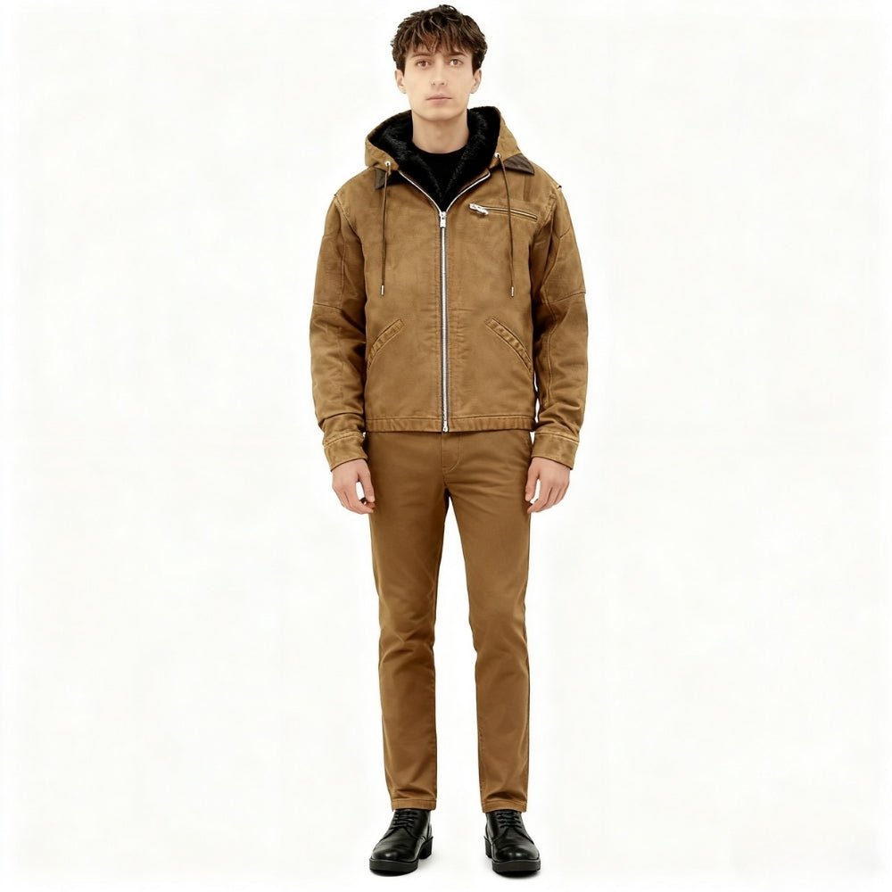 Front view of men's brown hooded canvas utility jacket' and 'Detailed back view of the Kouvr Fashion winter workwear jacket with articulated seams
