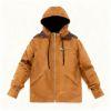 Front view of men's brown hooded canvas utility jacket' and 'Detailed back view of the Kouvr Fashion winter workwear jacket with articulated seams