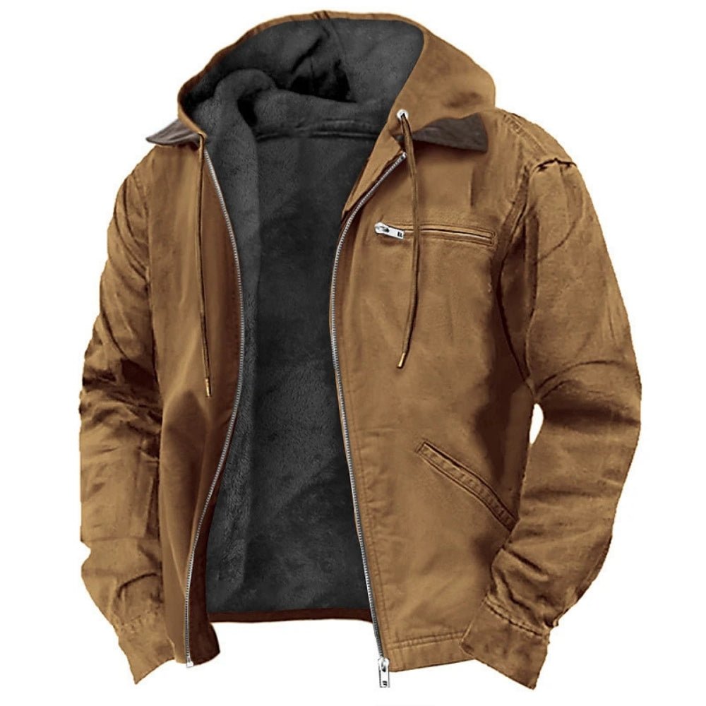 Front view of men's brown hooded canvas utility jacket' and 'Detailed back view of the Kouvr Fashion winter workwear jacket with articulated seams
