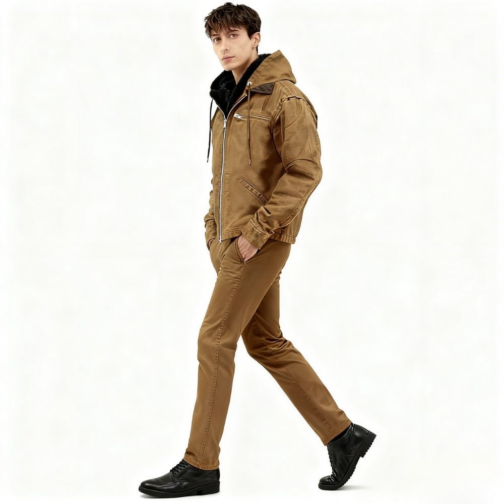 Front view of men's brown hooded canvas utility jacket' and 'Detailed back view of the Kouvr Fashion winter workwear jacket with articulated seams
