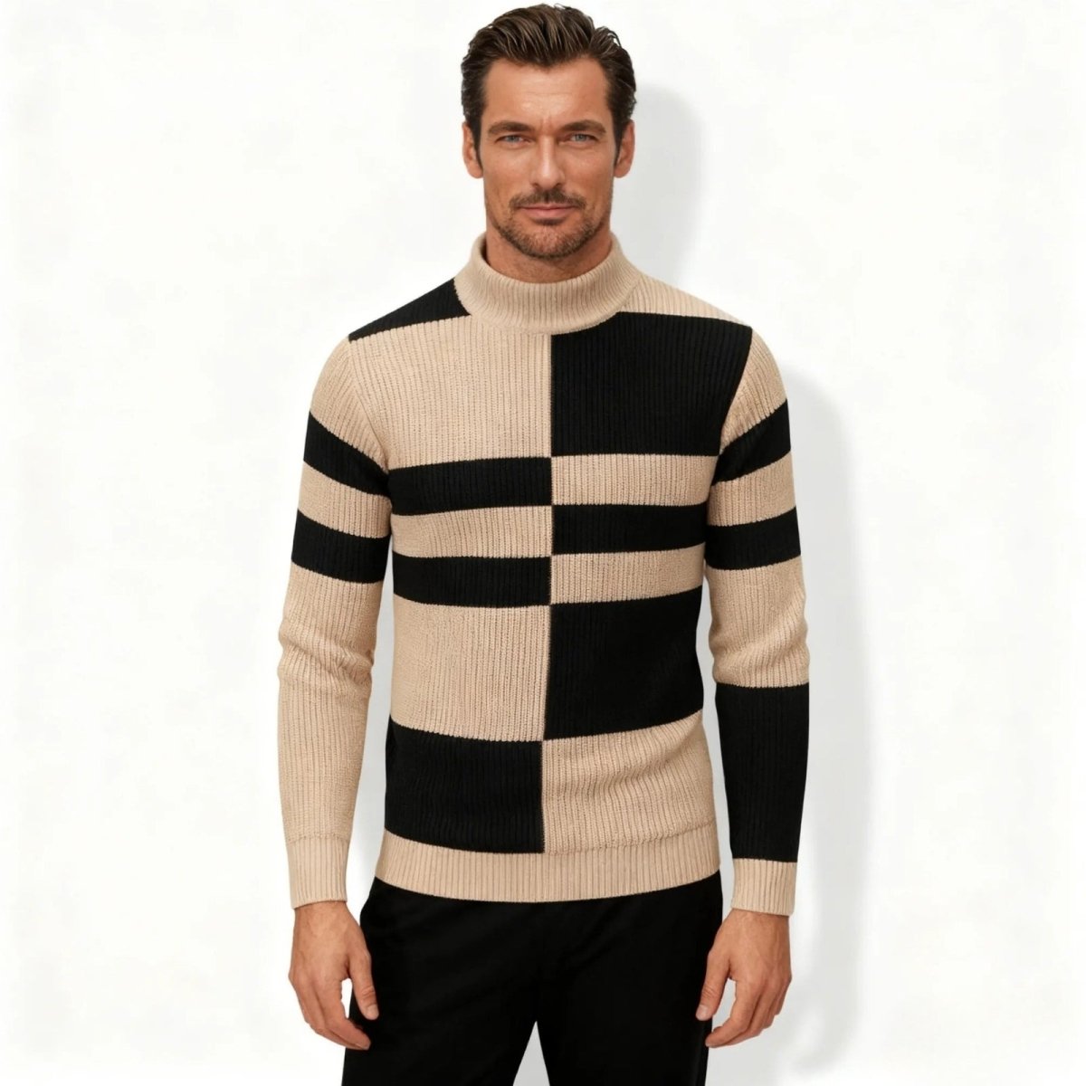 Man wearing the Kouvr Fashion beige and black color block turtleneck sweater, front view.