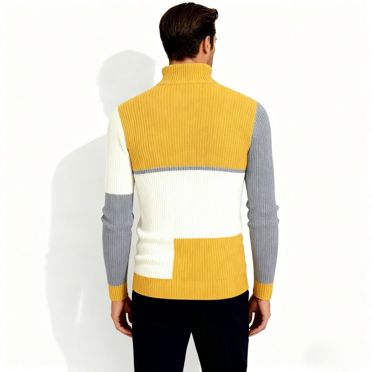 Back view of the men's modern art-inspired color-block sweater by Kouvr Fashion, showcasing the complete pattern.