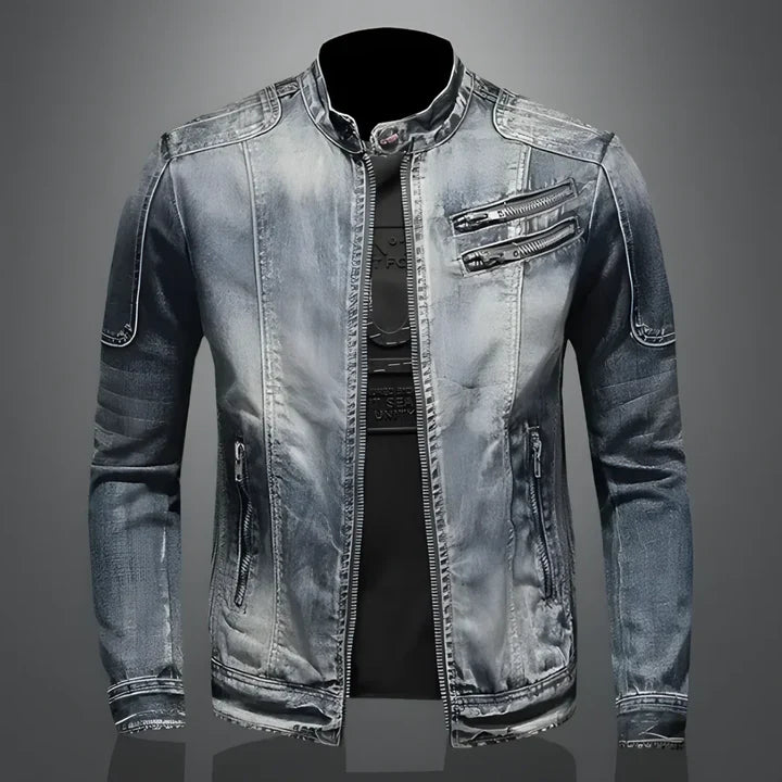 Kouvr Denim jacket with zippers and pockets on a gray background