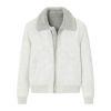 Model wearing Kouvr Fashion men's grey faux suede shearling bomber jacket