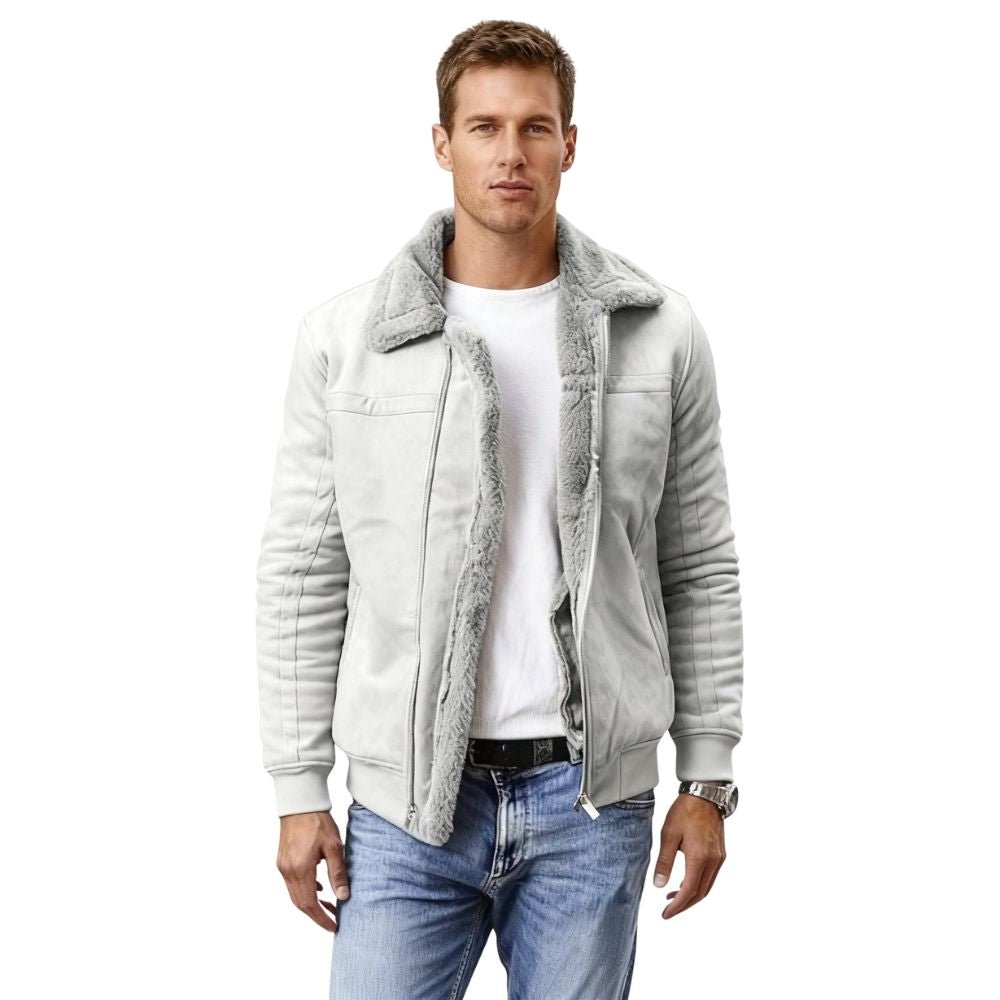 Model wearing Kouvr Fashion men's grey faux suede shearling bomber jacket