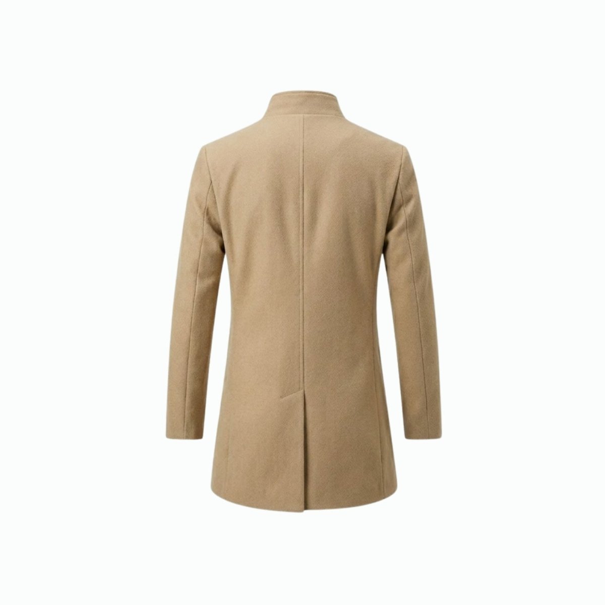 Back product shot of the Kouvr Fashion men's khaki wool overcoat showing the center seam and single vent detail.