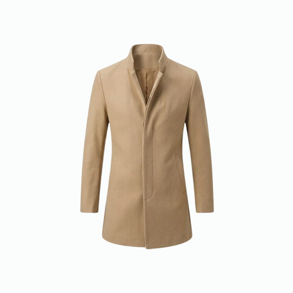 Men's Khaki Wool Stand Collar Coat | Slim Fit Winter Overcoat for
