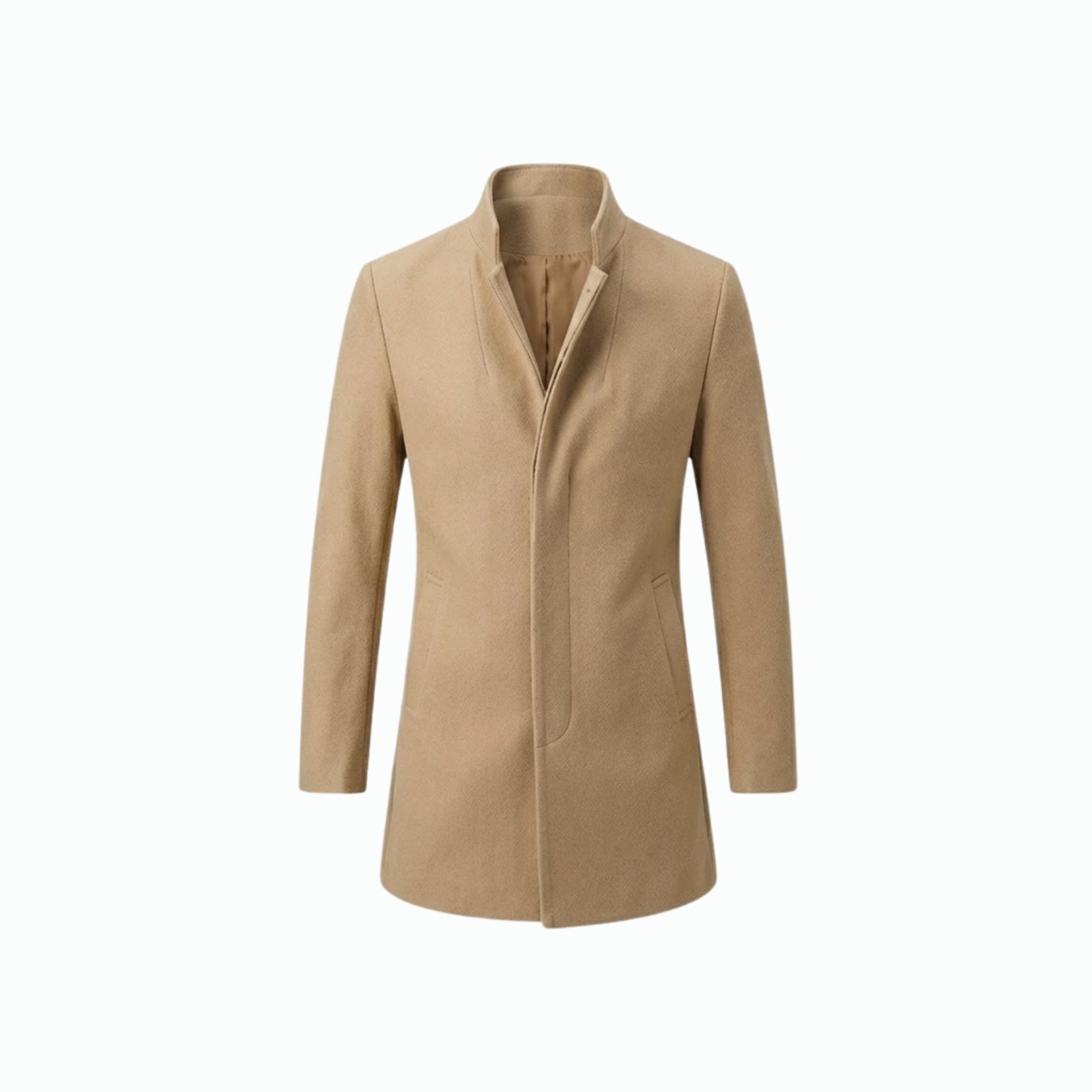 Front product shot of the men's khaki stand collar wool coat by Kouvr Fashion on a white background.