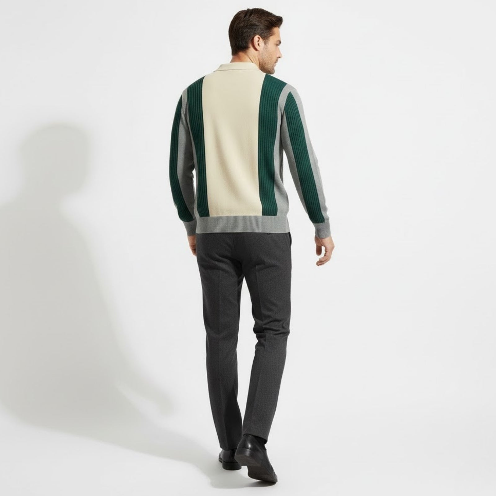 Back view of the Kouvr Fashion color block polo sweater showcasing the vertical green and cream panel design.