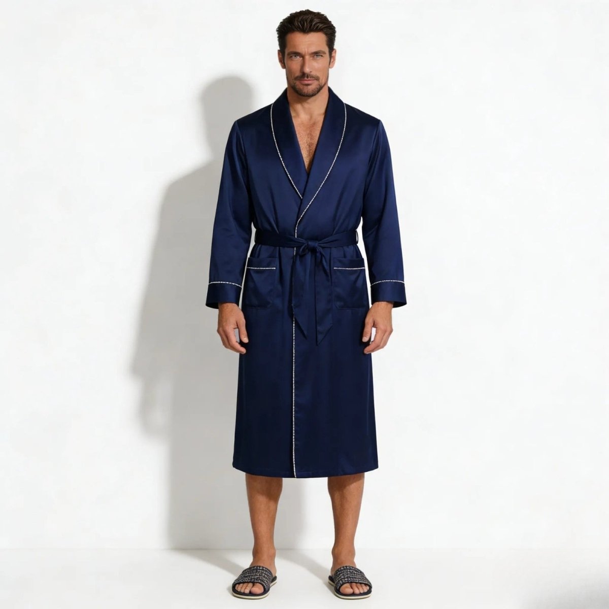 Man wearing the Kouvr Fashion navy blue Mulberry silk robe with white contrast piping, shown from the front against a white background.