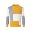 Flat lay product shot of a men's luxury ribbed knit turtleneck sweater with yellow, white, and white geometric color blocks.