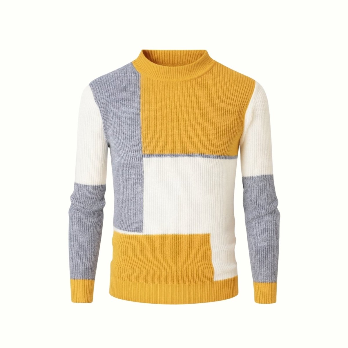Flat lay product shot of a men's luxury ribbed knit turtleneck sweater with yellow, white, and white geometric color blocks.