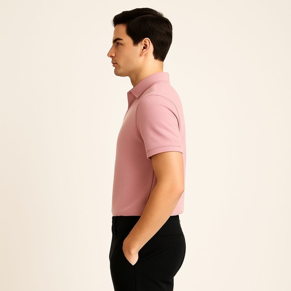 Man wearing the Kouvr slim fit Rose Quartz pink polo shirt with black trousers against a white background.