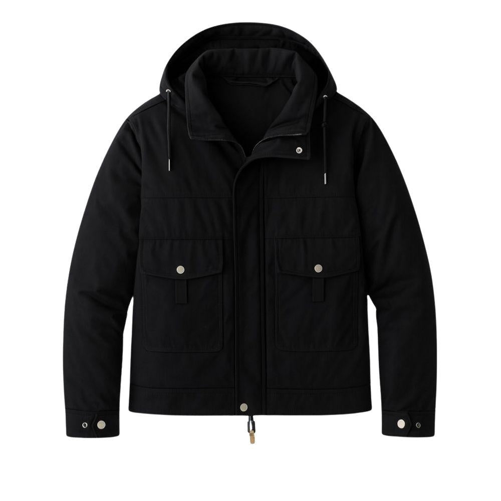 Model wearing the Kouvr Fashion Men's Urban Cade Parka in black, a luxury insulated and water-resistant winter coat