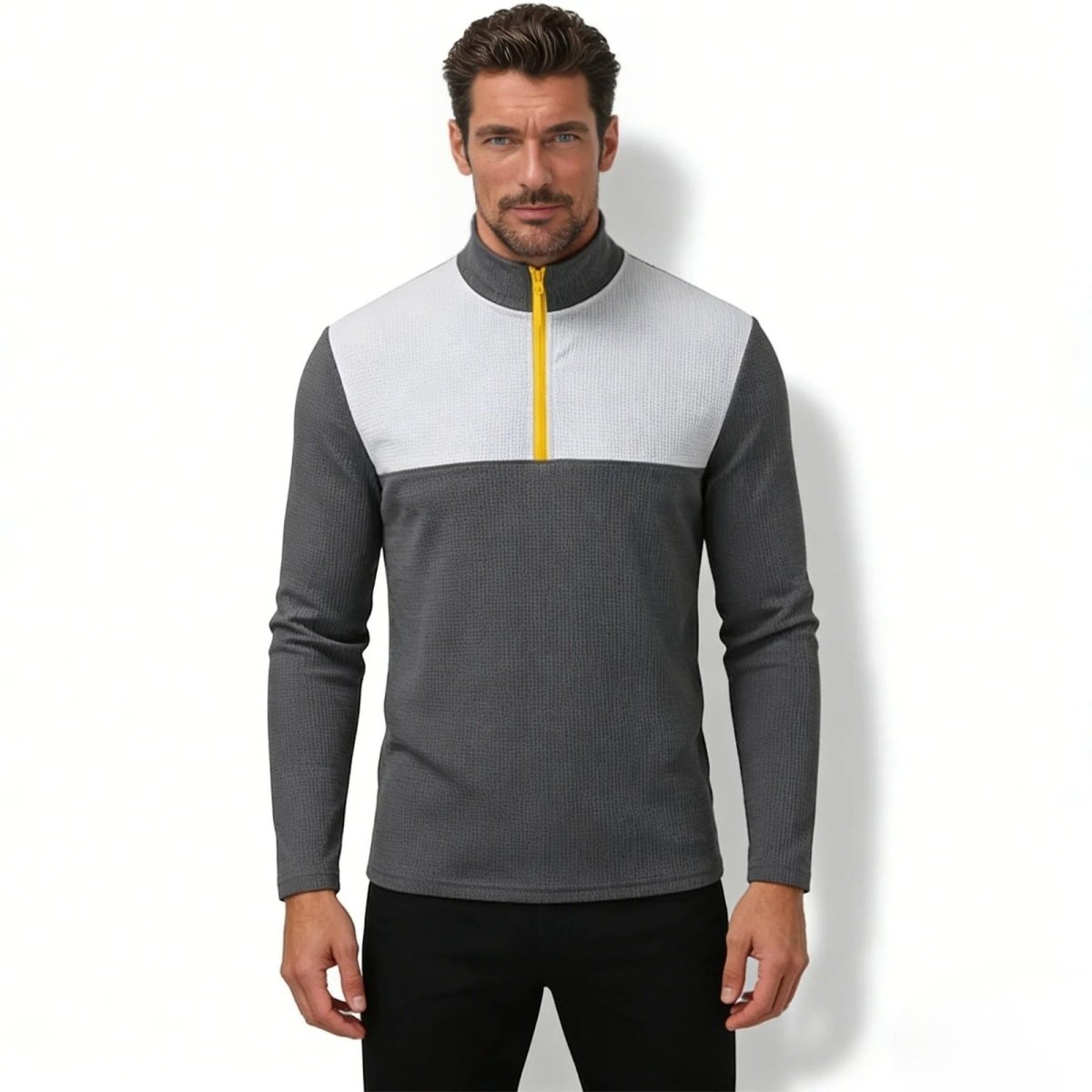 Man wearing Kouvr Fashion's Men's Waffle Knit Quarter-Zip Pullover in charcoal and light grey, front view.