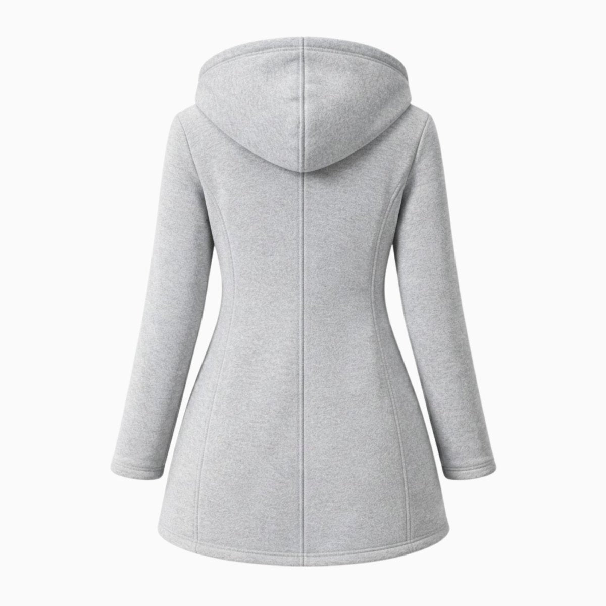 Product flatlay of the back of the Kouvr Fashion light grey hooded coat, detailing the tailoring and vertical seams.