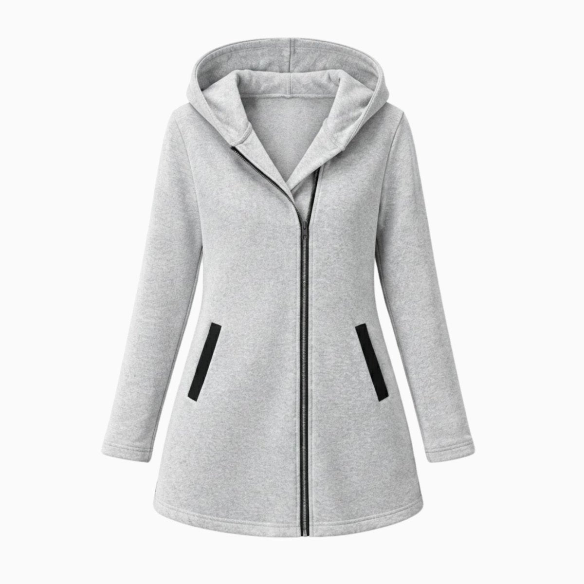 Flatlay of the Kouvr Fashion light grey hooded coat showing the full zip front, angled pockets, and minimalist design.
