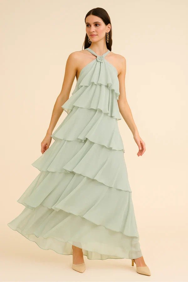 flowy chiffon', 'romantic', 'bridesmaid', 'summer gala', and 'sleeveless A-line gown