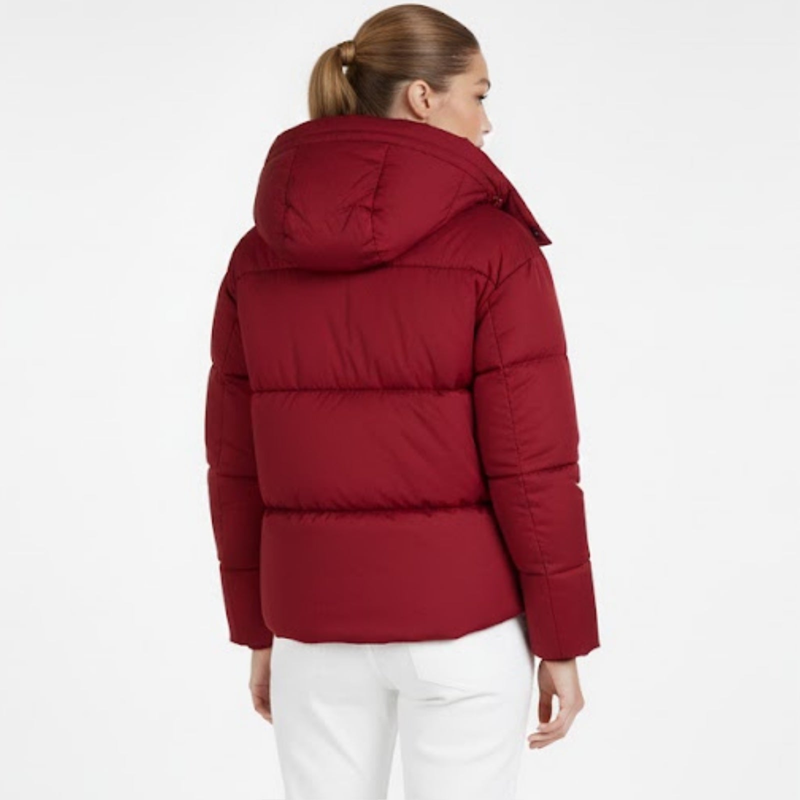 Back view of the Kouvr Fashion Miranda puffer jacket in crimson burgundy, highlighting the horizontal baffle construction.
