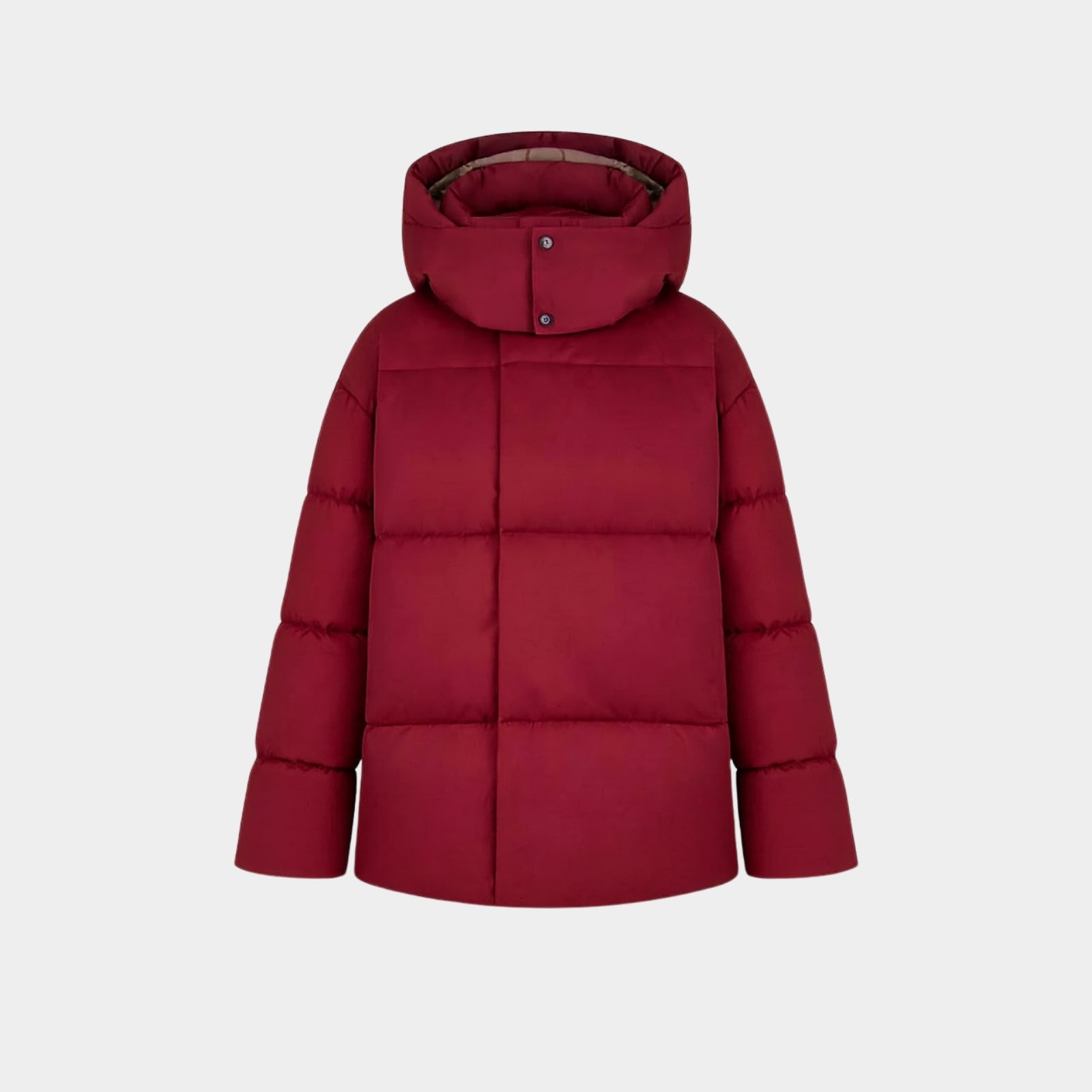 Flat lay product shot of the front of the Kouvr Fashion Miranda hooded puffer jacket in crimson red, showing the snap closures and high collar.