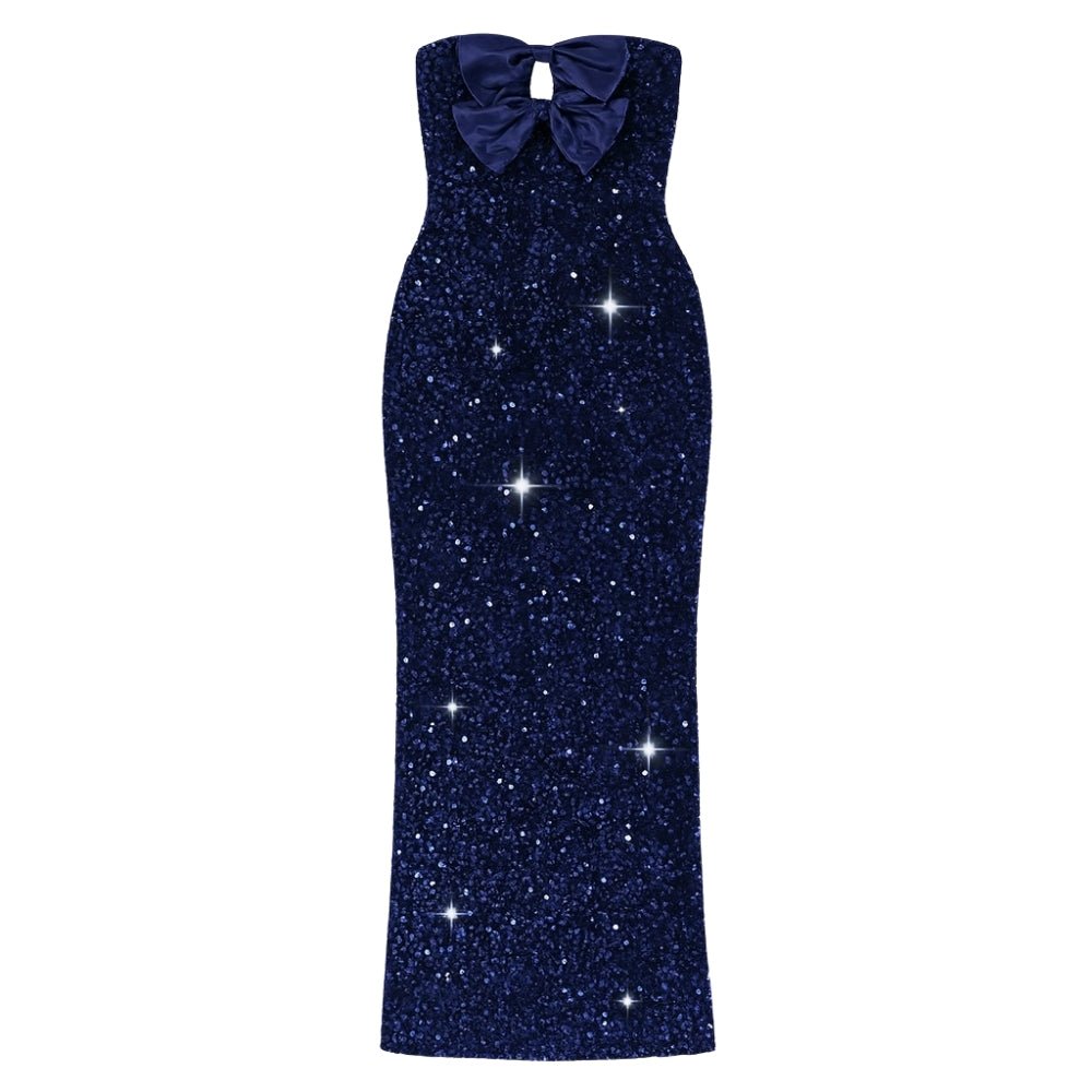 Navy blue  Kouvr glitter dress with a bow on a white background