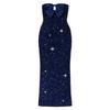 Navy Kouvr strapless dress with star patterns on a white background