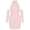 A woman wearing the Kouvr Fashion Myra Pink Sequin Halter Neck Bodycon Dress with matching long gloves, standing indoors