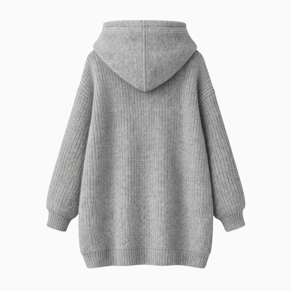 Flat lay of the back of the Kouvr Fashion Nadya oversized knit hoodie in heather grey, displaying the shape of the hood and the continuous ribbed knit