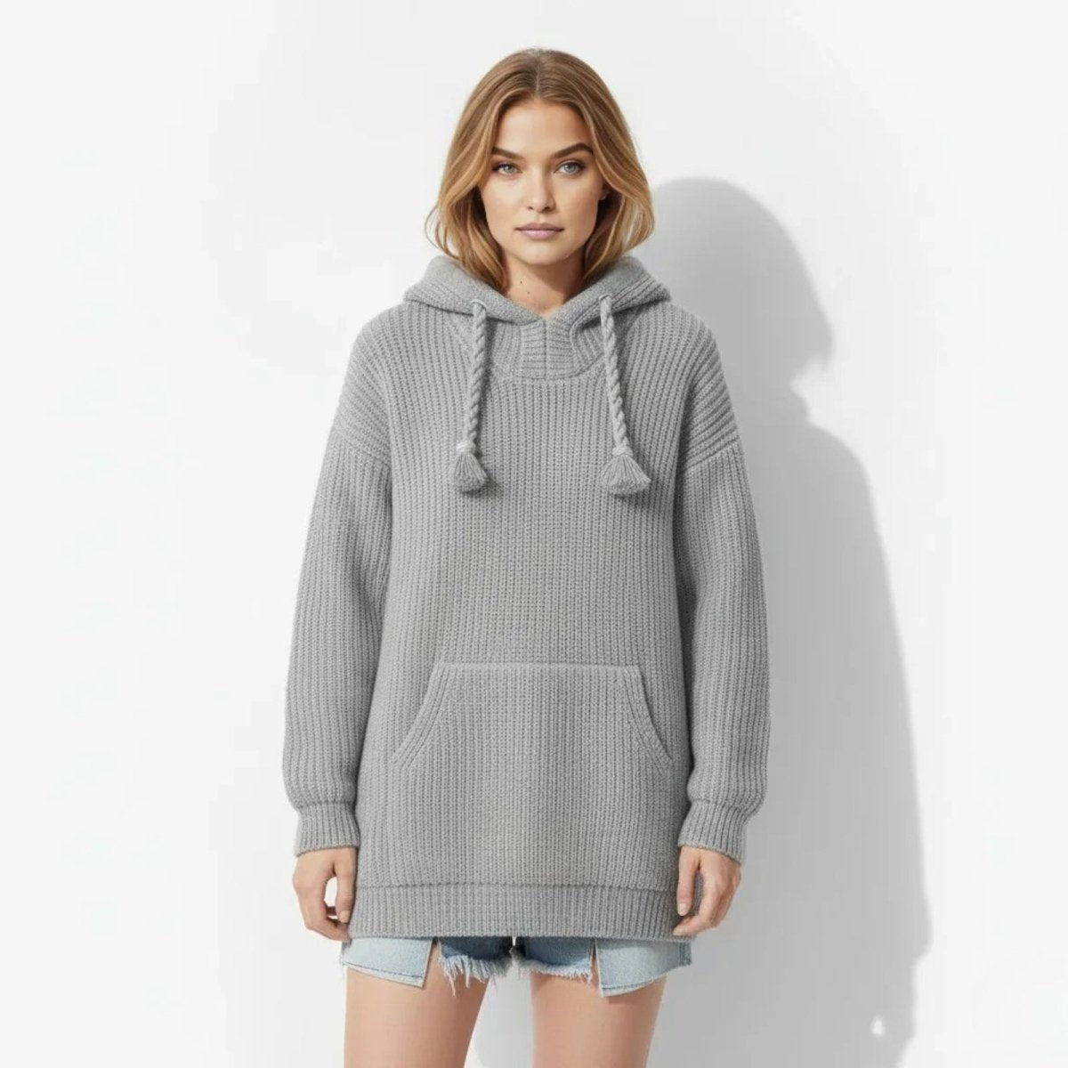 Model wearing the Kouvr Fashion Nadya oversized chunky knit hoodie in heather grey, shown from the front against a white background.