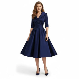 Elegant Shawl Collar Midi Dress | 3/4 Sleeve Fit & Flare Cocktail Dress | 1950s Vintage Style A-Line Swing Gown for Wedding Guest Formal Event | Kouvr Elegant Shawl Collar Midi Dress | 3/4 Sleeve Fit & Flare Cocktail Dress | 1950s Vintage Style A-Line Swing Gown for Wedding Guest Formal Event | Kouvr