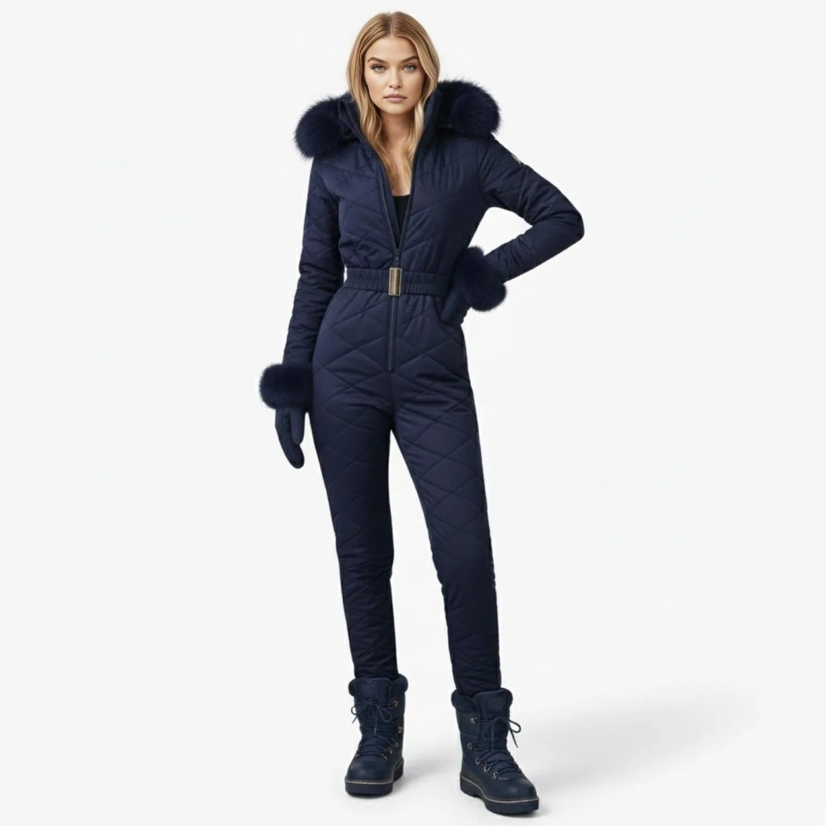 Woman wearing the Kouvr Fashion navy blue quilted one-piece ski jumpsuit with a fur hood and matching gloves, posing front-on.