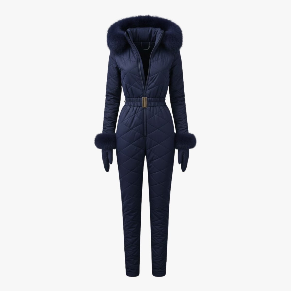Front product shot of a navy blue belted one-piece snowsuit with quilted detail, fur hood, and matching gloves on a white background.