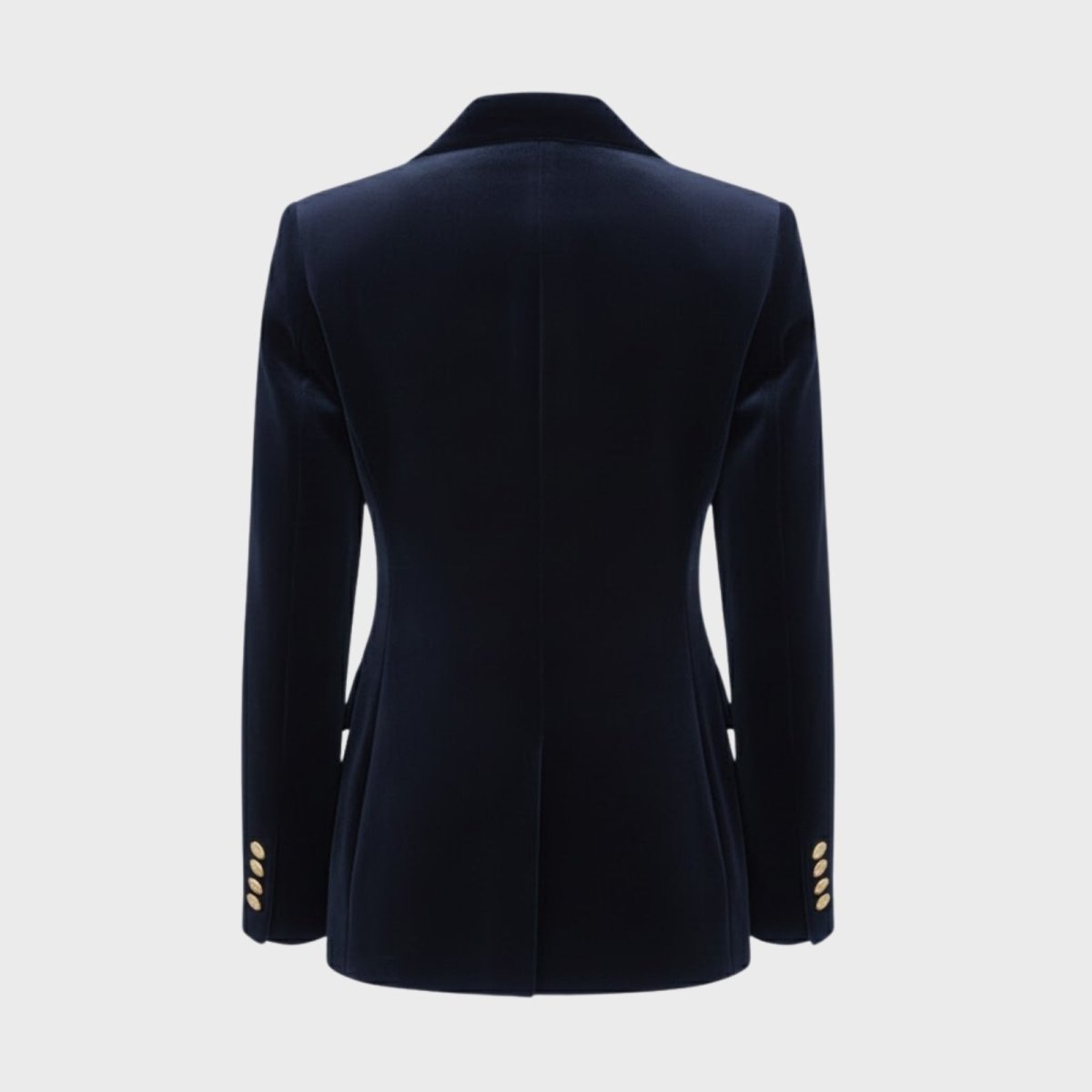 Flat lay of the back of the Kouvr Fashion navy blue velvet blazer, highlighting the clean lines and tailored construction.