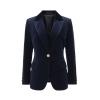 Flat lay image of the Kouvr Fashion navy blue velvet blazer, showing the satin lapel, gold button, and plush texture.