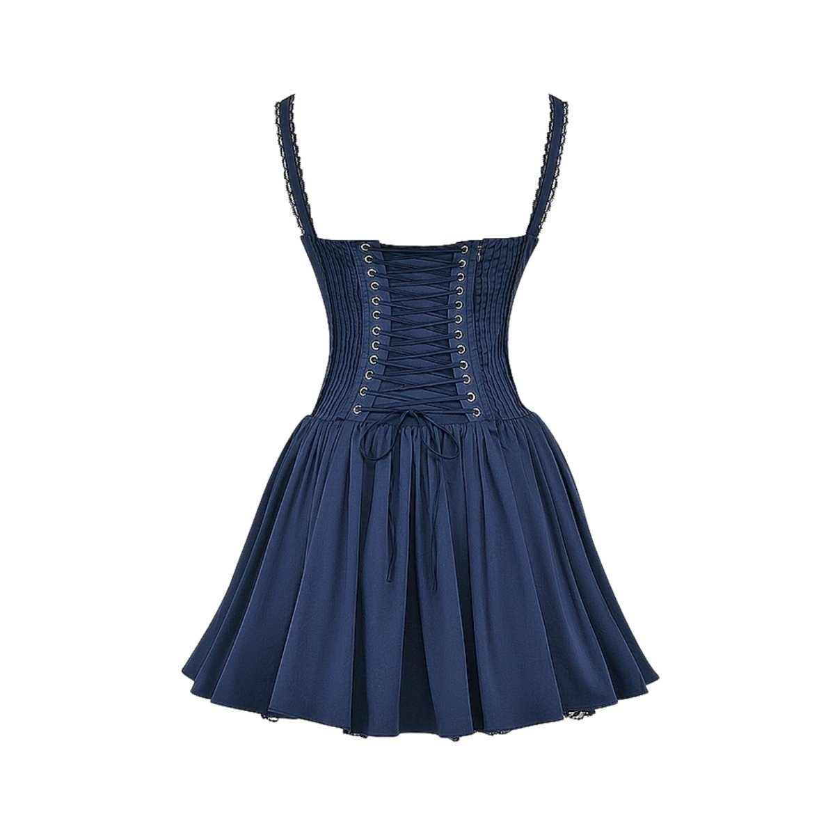 Navy blue kouvr dress with lace straps on a white background