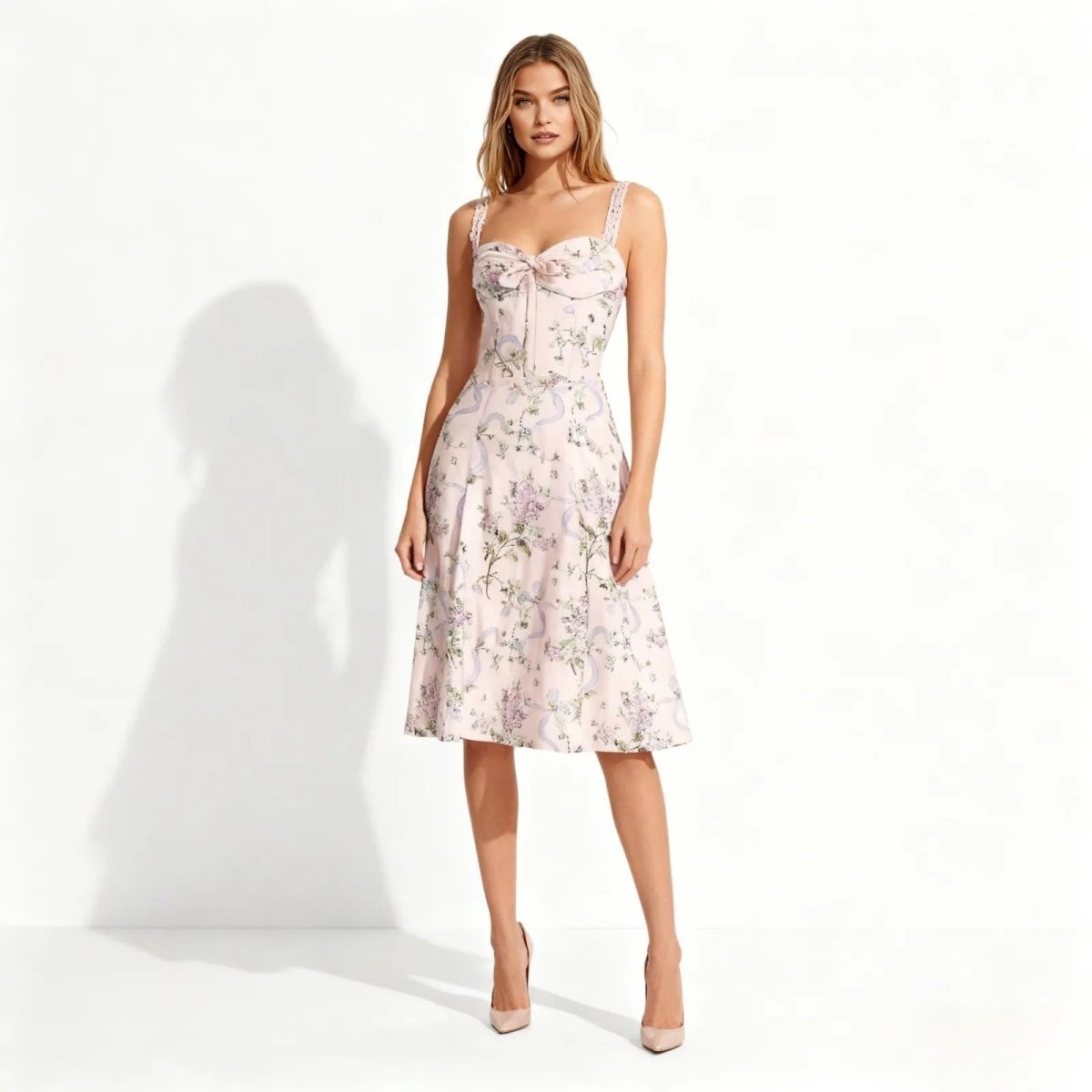 Model wearing the Kouvr Fashion pink floral midi dress with sweetheart neckline, shown from the front against a white background. 