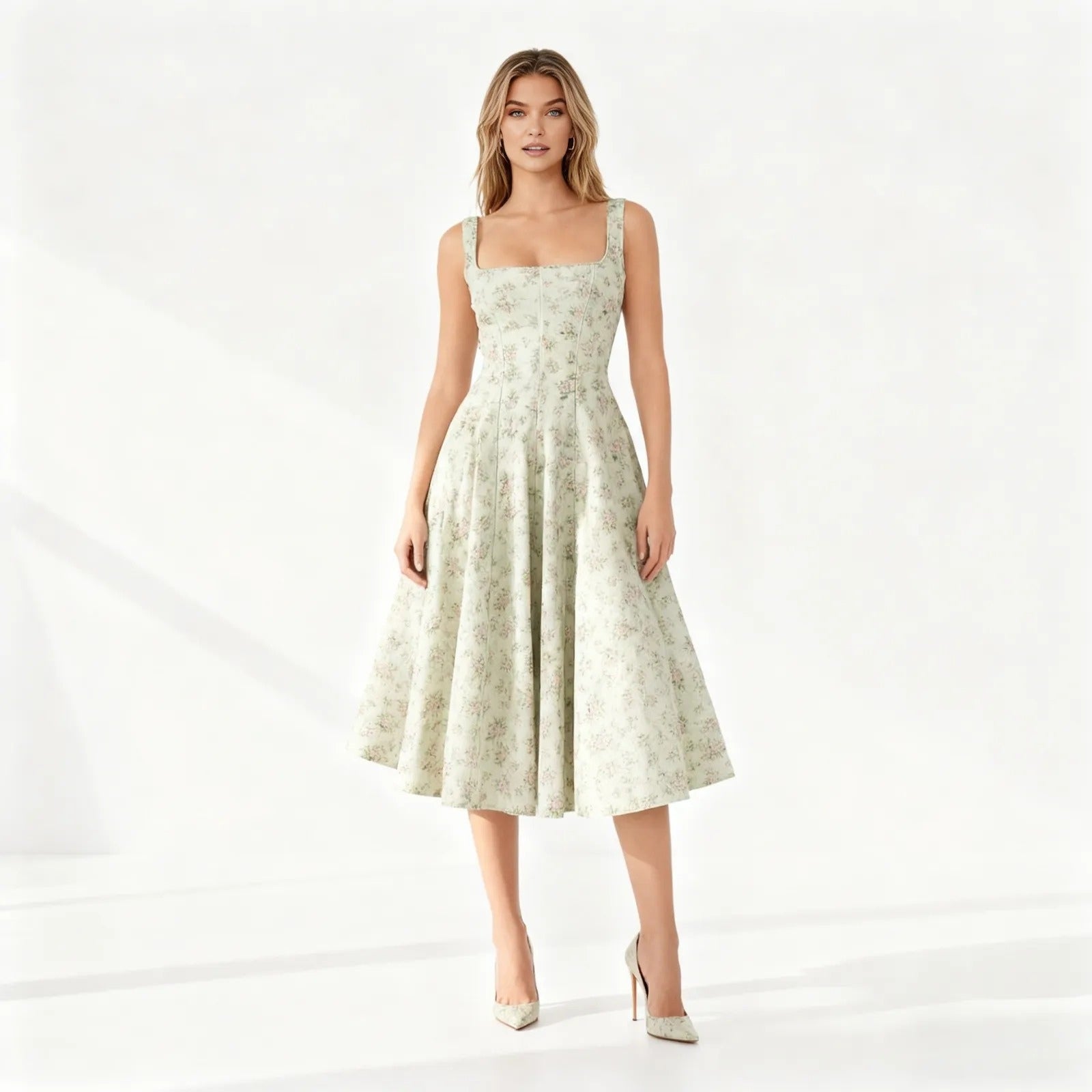 Woman wearing a floral dress on a white background