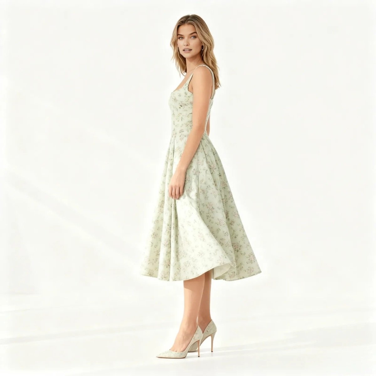 Woman wearing a sage green floral dress on a white background