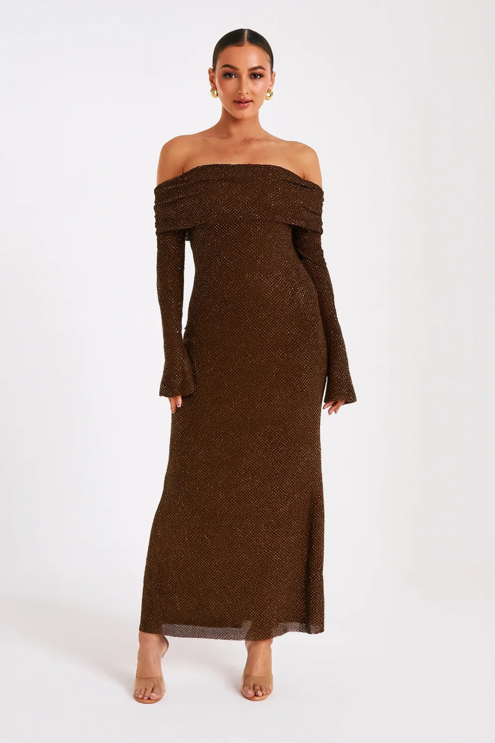 Model wearing Kouvr Fashion long sleeve off-the-shoulder brown sequin formal gown