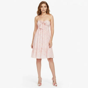 Floral Strapless Mini Dress with Bow Tie Front - Smocked Sundress for Summer Vacation Wedding Guest Ruffle Hem A-Line Fit by Kouvr Fashion Floral Strapless Mini Dress with Bow Tie Front - Smocked Sundress for Summer Vacation Wedding Guest Ruffle Hem A-Line Fit by Kouvr Fashion