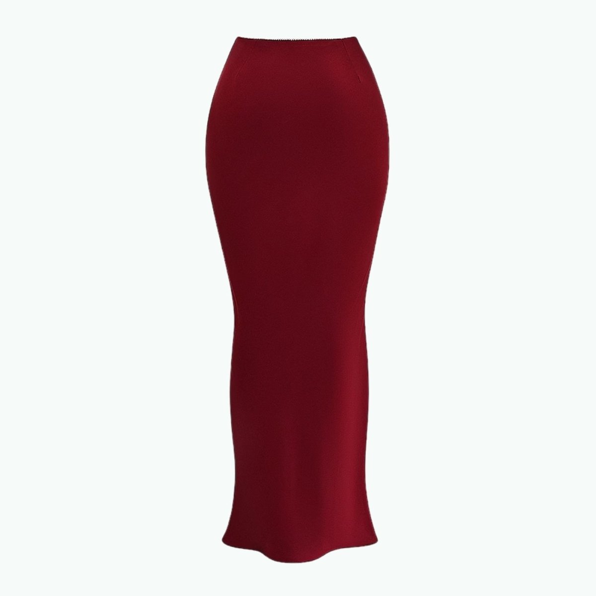 Product-only studio image of the back of the Kouvr Fashion Ourania bias cut satin maxi skirt in red.