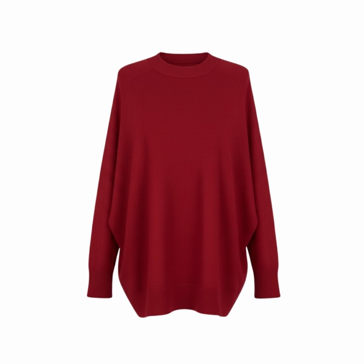 Front view flat lay of the Kouvr Fashion oversized cashmere wool sweater in crimson red on a white background.