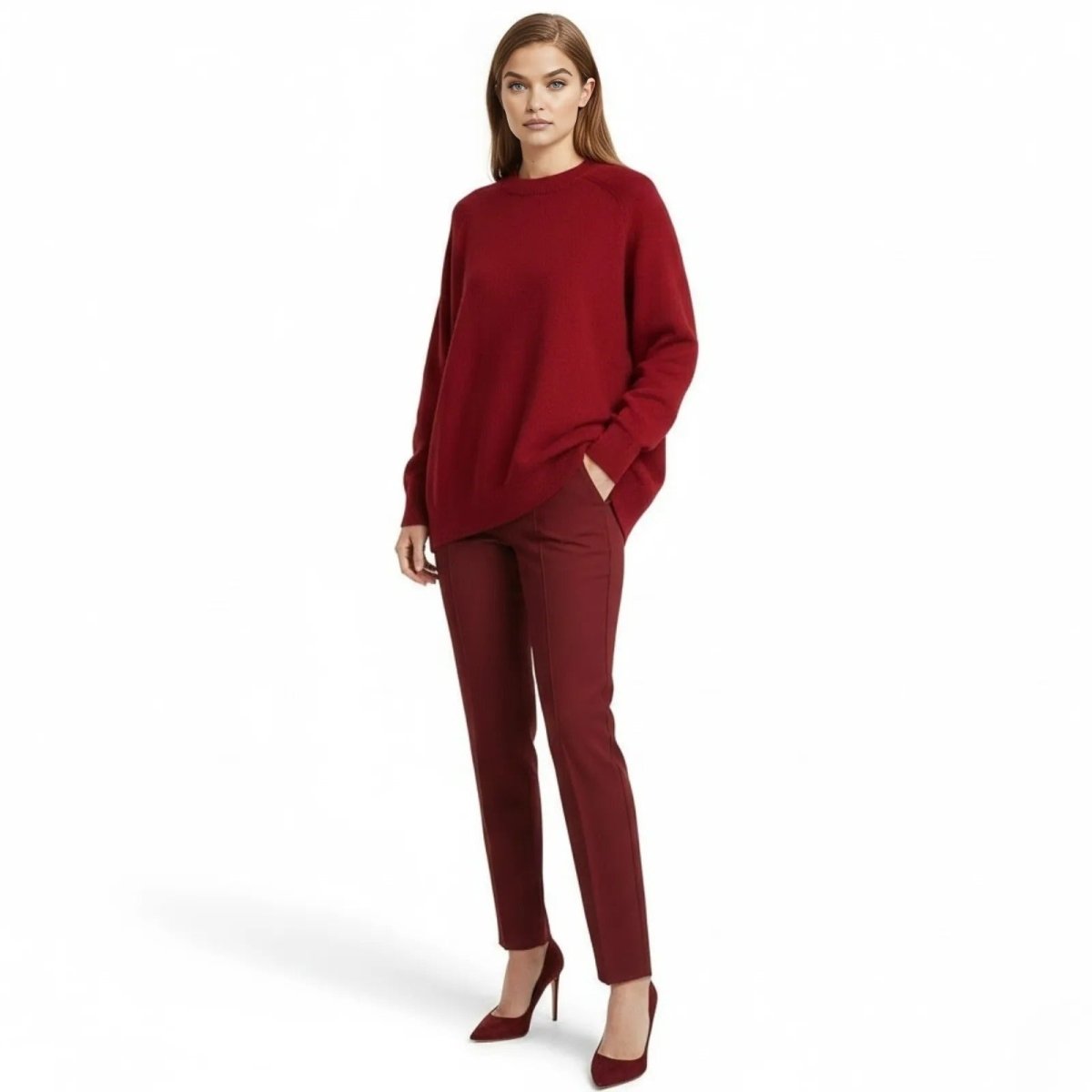 Model wearing the Kouvr Fashion oversized cashmere wool sweater in crimson red, styled monochromatically with matching trousers and heels, standing forward.