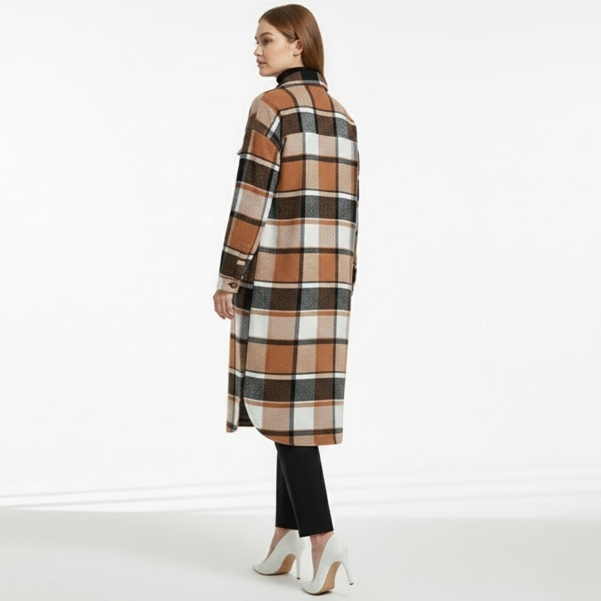 Long Plaid Shacket Womens Oversized Wool Blend Shirt Jacket Coat Khaki ...