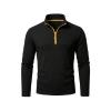 Product shot of the Kouvr Fashion Men's Black Quarter-Zip Pullover laid flat, showing the waffle knit texture and yellow contrast zipper.