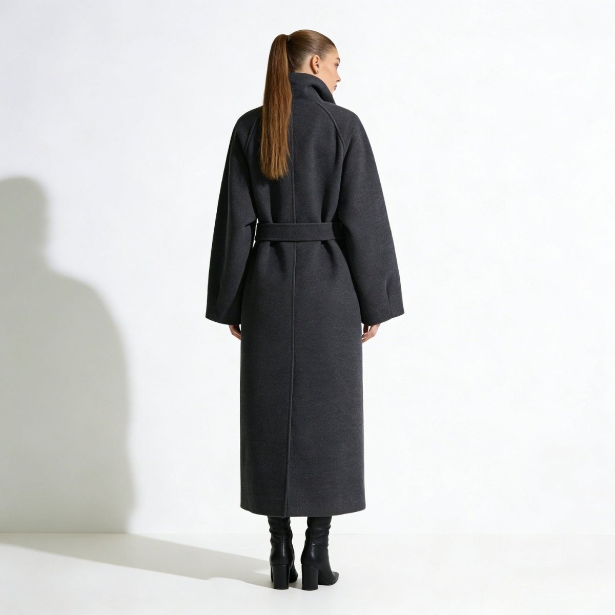 Gray Long Wool Funnel Neck Coat Women's Belted Overcoat