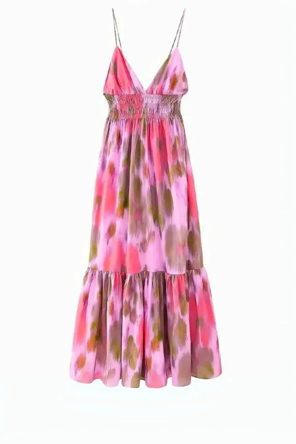 Woman wearing the Kouvr Fashion Pink Anastasia Print Maxi Dress with a smocked bodice and open tie-back