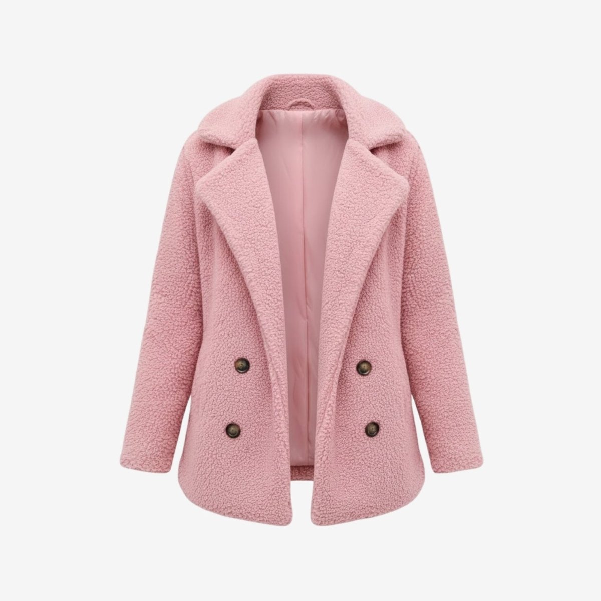 Flatlay of the open pink teddy coat, displaying the double-breasted button detail and the smooth, color-matched satin lining.