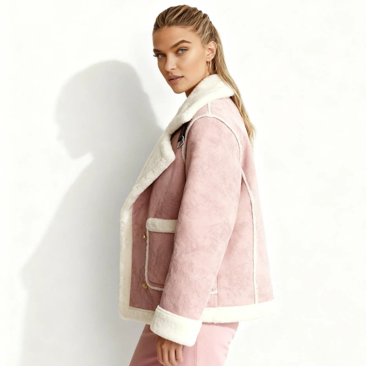Side view of a woman wearing a Kouvr Fashion pink faux suede moto jacket, showing the oversized fit and sherpa cuffs.